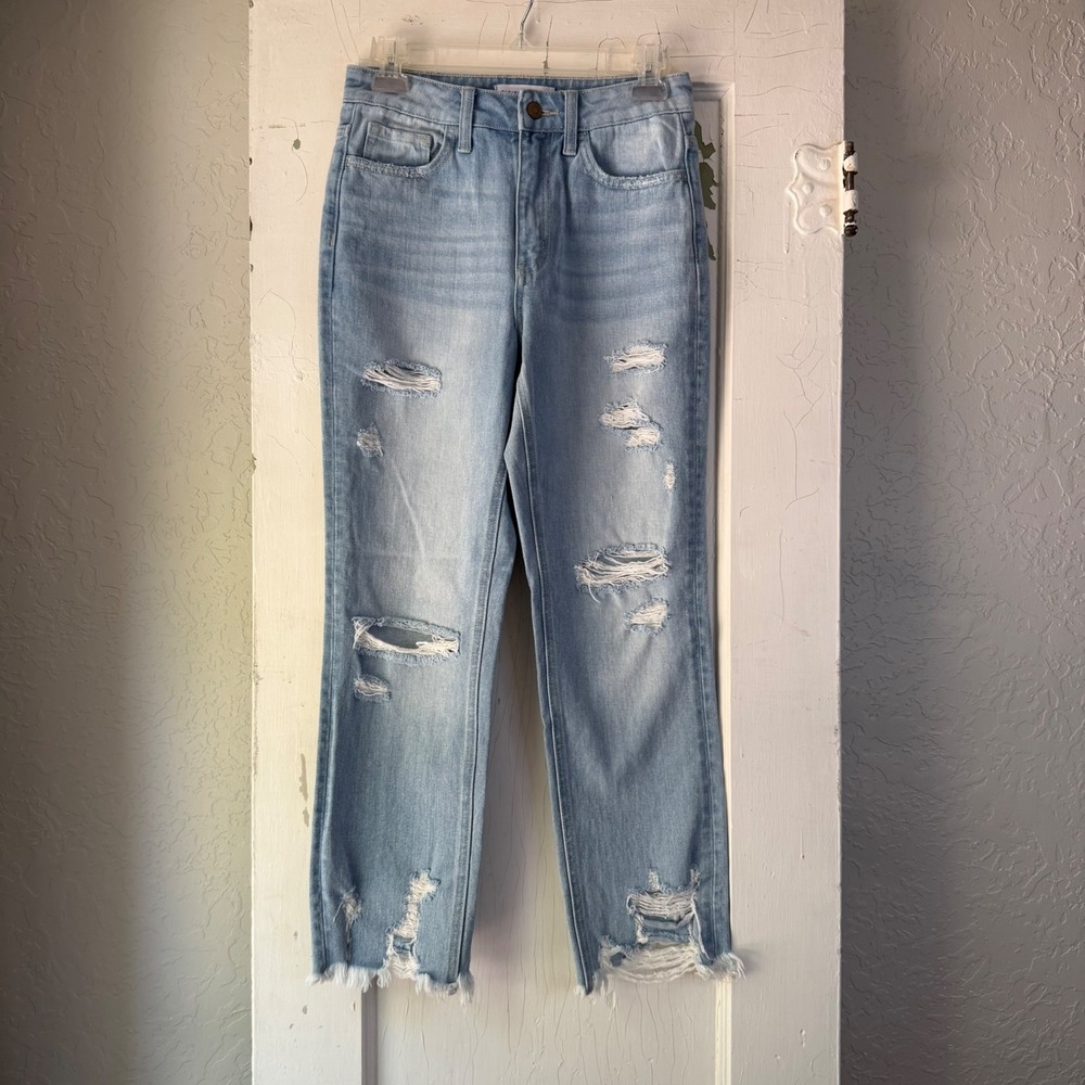 Flying Monkey Distressed High Rise Straight Leg Jeans Blue Cotton Size 24